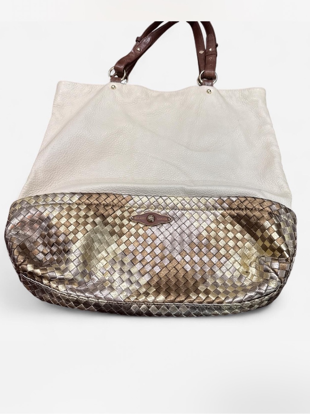 Elliot Lucca Cream Leather Tote Metallic Woven bottom Accent Brown Handles - Picture 4 of 6